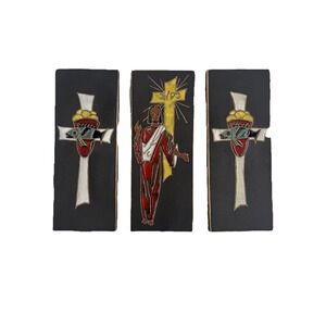 G. Rullau Signed West German Enamel, Triptych MCM Religious Copper Art